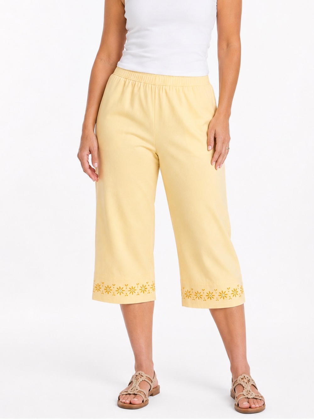 Lands’ End Yellow Capri Pants Womens Large With Floral Hem Culotte Cotton